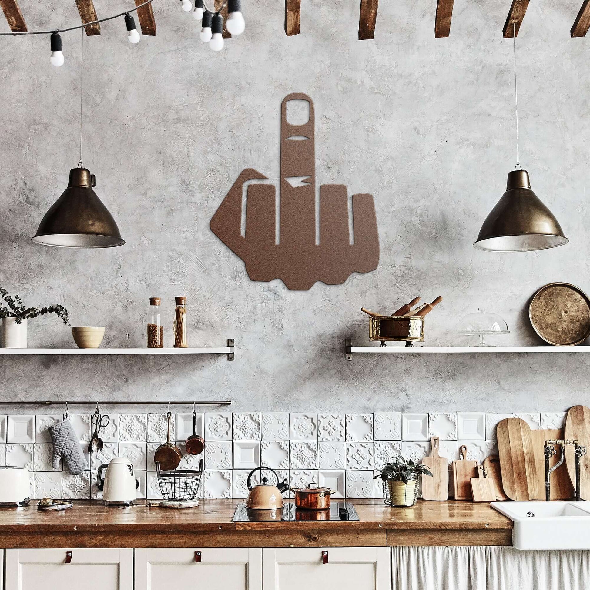 Middle finger flip the bird die-cut metal sign.