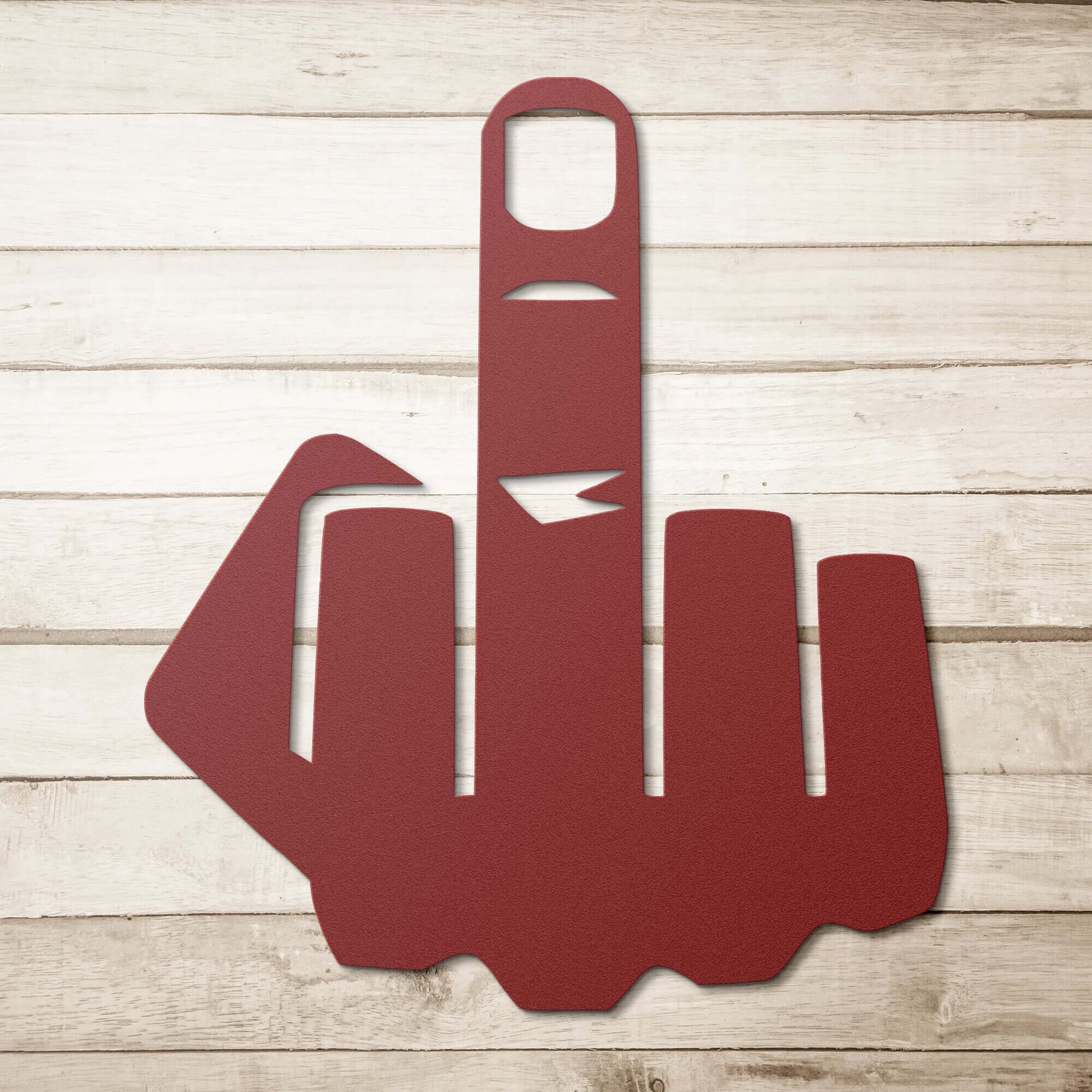 Middle finger flip the bird die-cut metal sign.