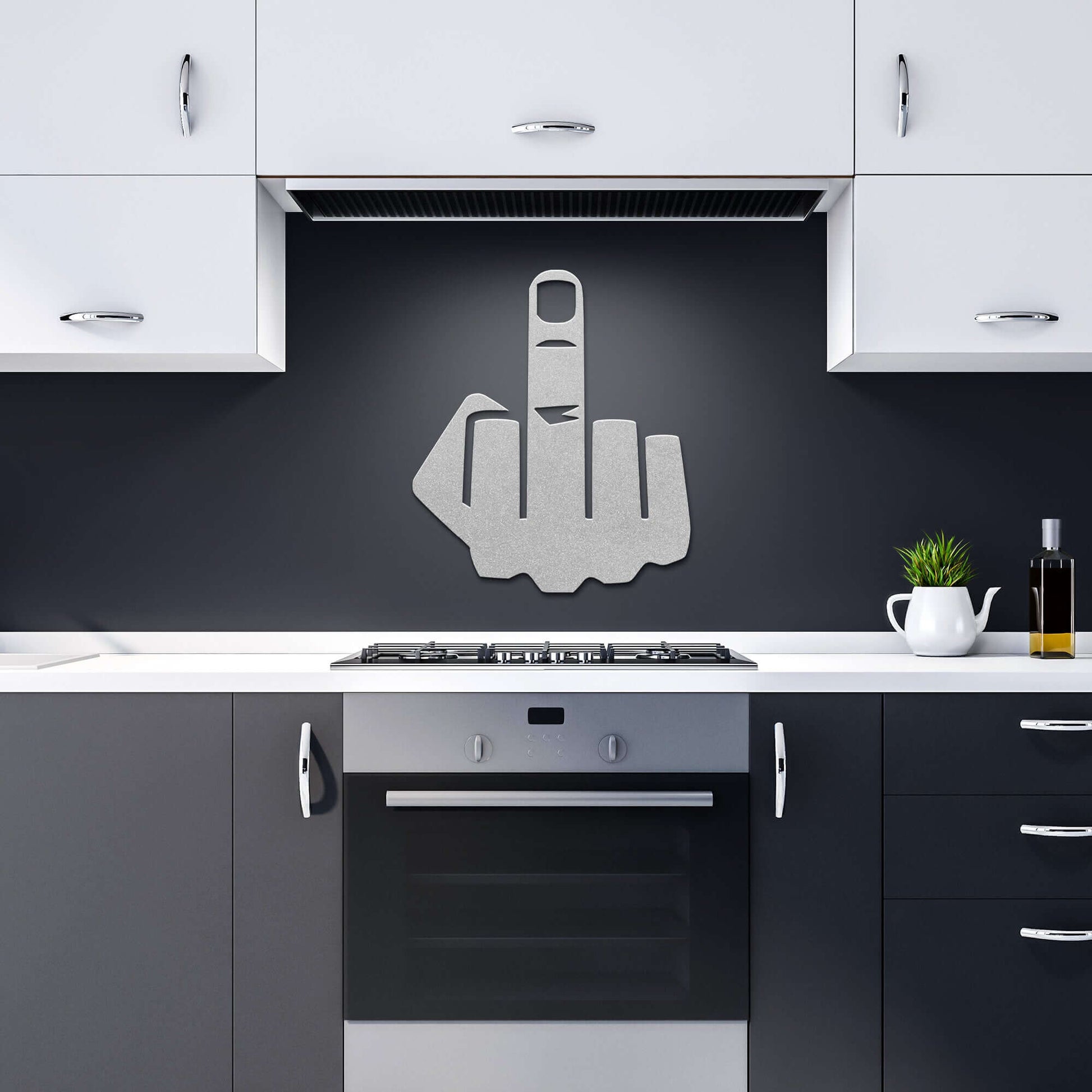 Middle finger flip the bird die-cut metal sign.