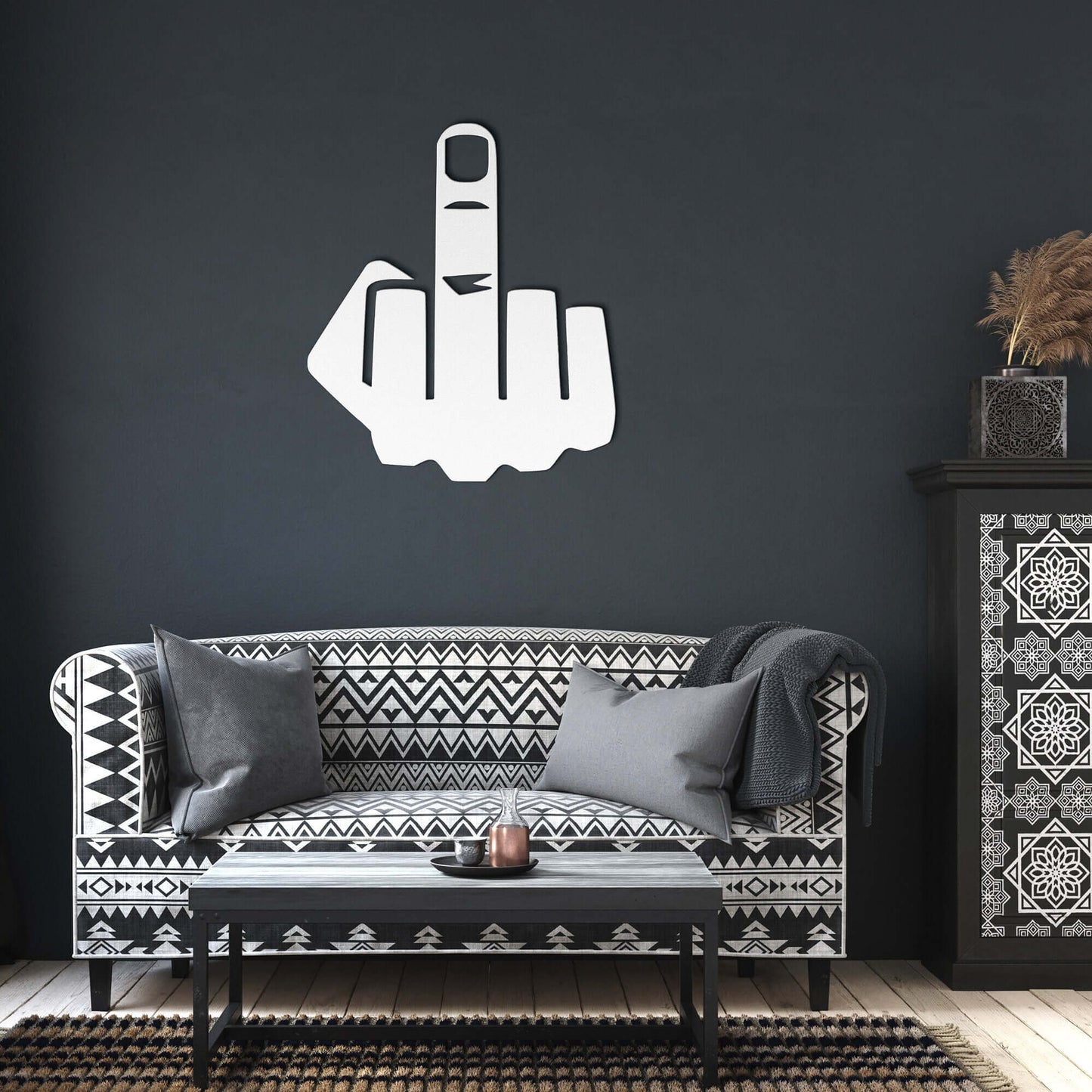 Middle finger flip the bird die-cut metal sign.