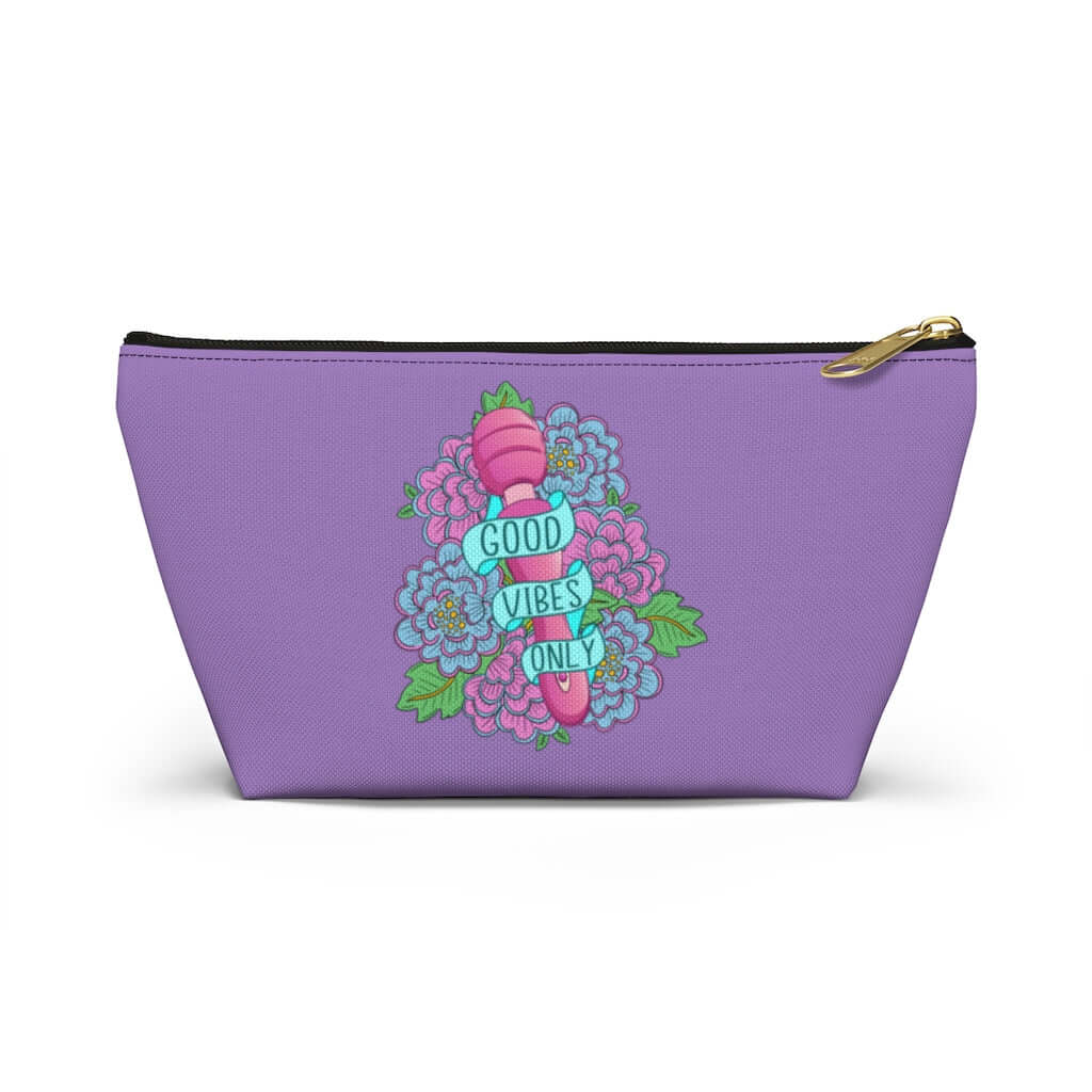 Light purple zipper pouch with graphic design that has the words Good vibes only layered over a pink wand vibrator with flowers around. The graphic design is printed on both sides of the bag.