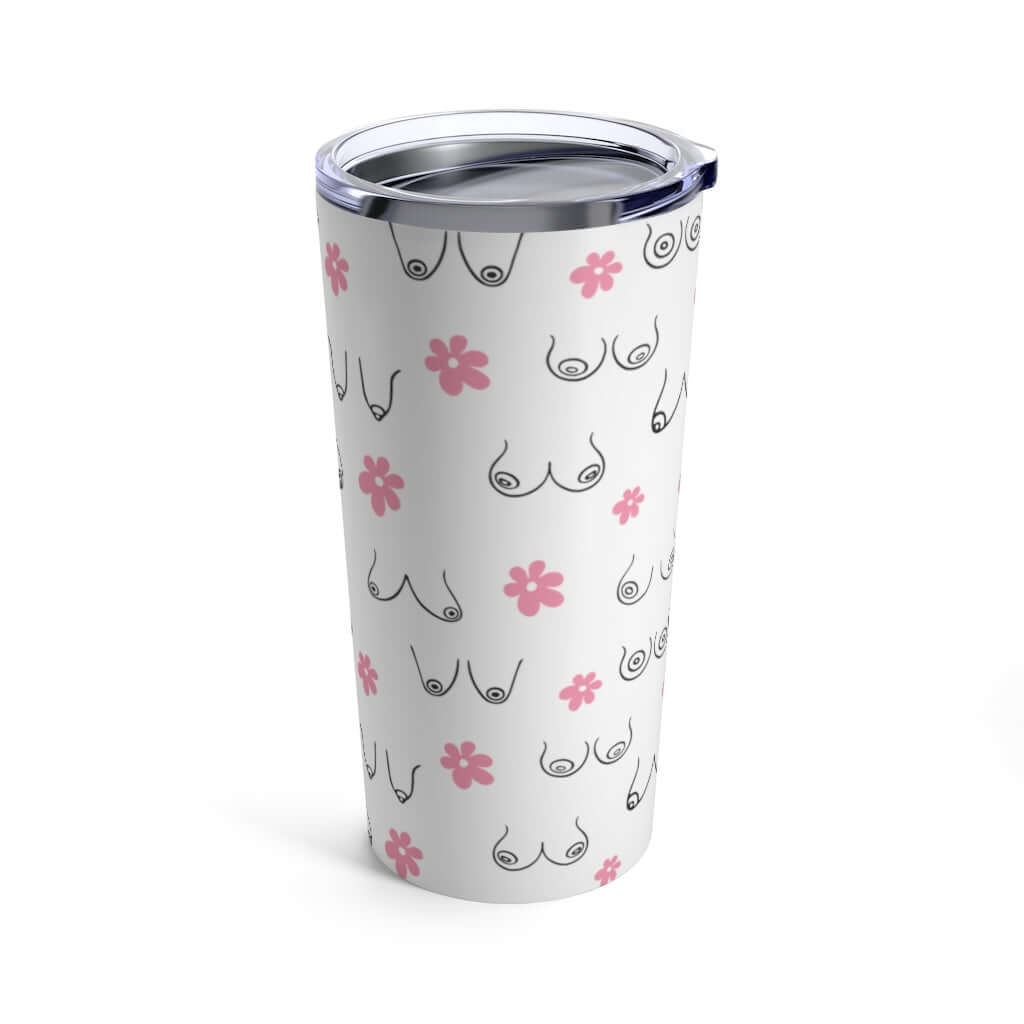 White double wall stainless steel tumbler with clear lid. The tumbler has line drawings of breasts and pink flowers printed all over.