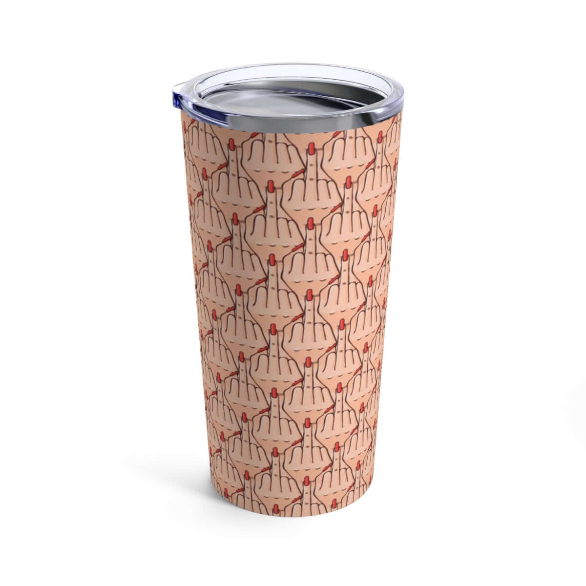 Stainless steel double wall tumbler with clear lid. Tumbler has graphic of Caucasian womans hand flipping the middle finger. The finger has a long red fingernail. The graphic is overlapping and printed all over.