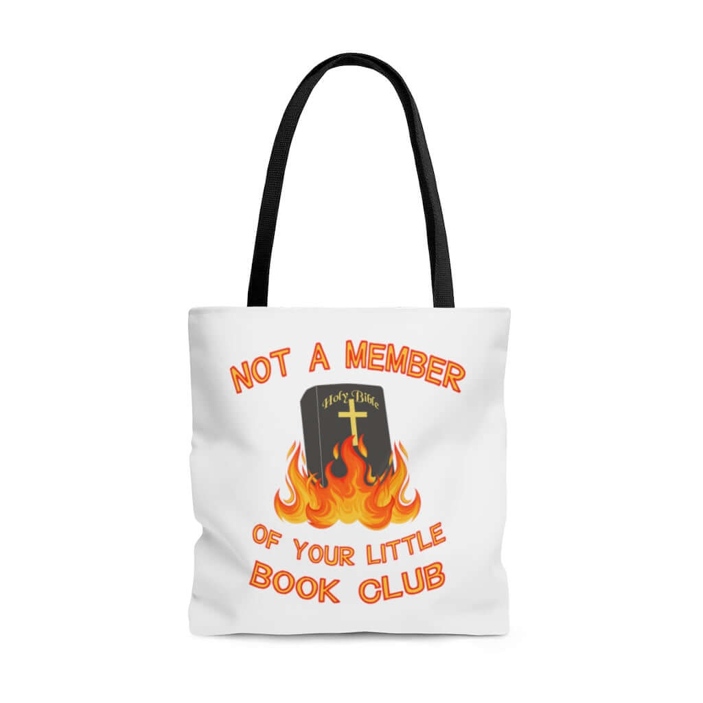 white tote bag with burning bible book club graphic