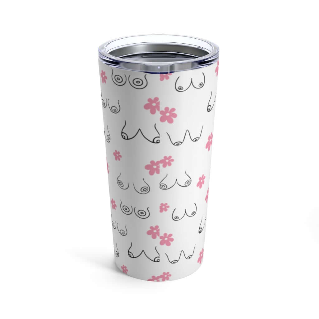 White double wall stainless steel tumbler with clear lid. The tumbler has line drawings of breasts and pink flowers printed all over.