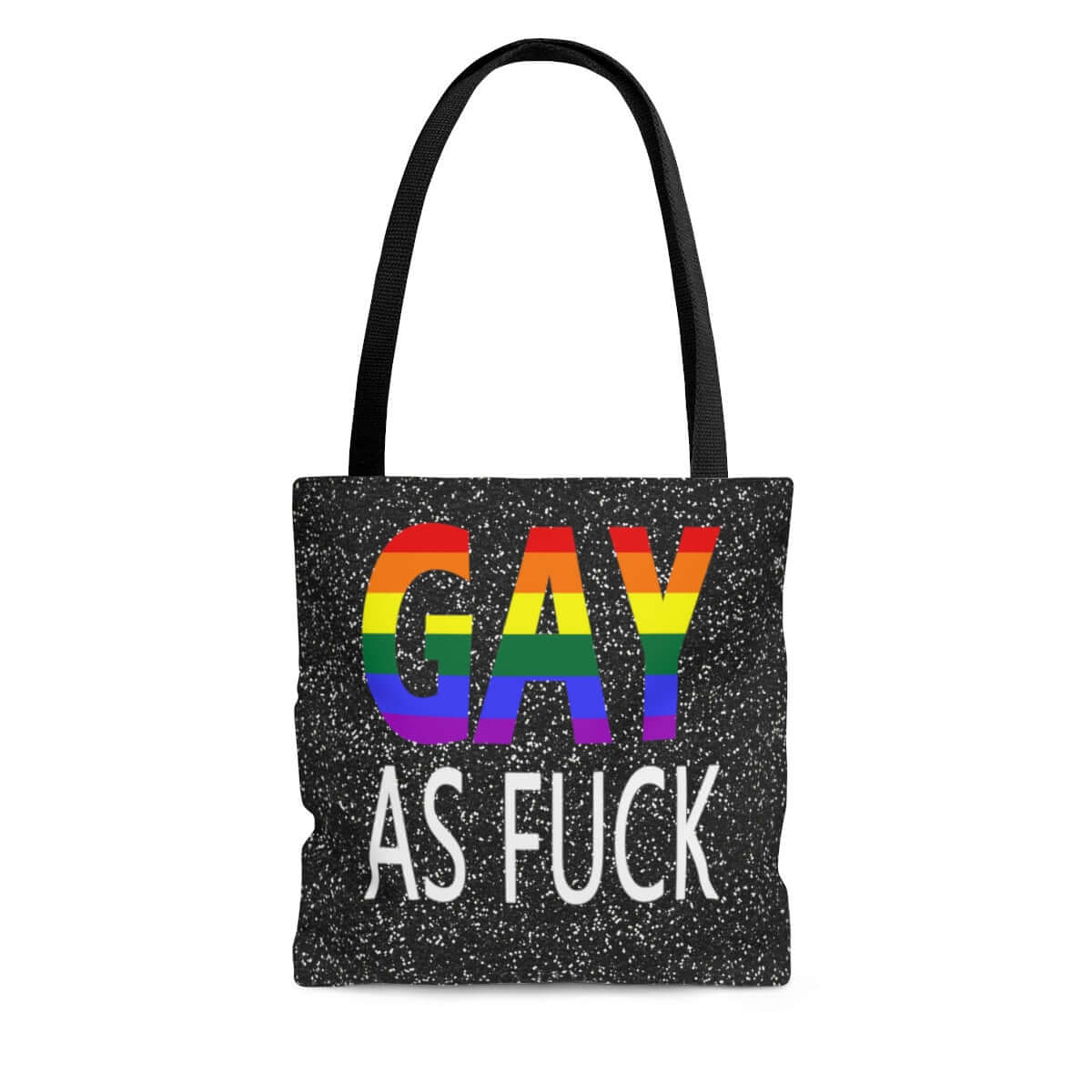 black tote bag with rainbow gay as fuck graphic