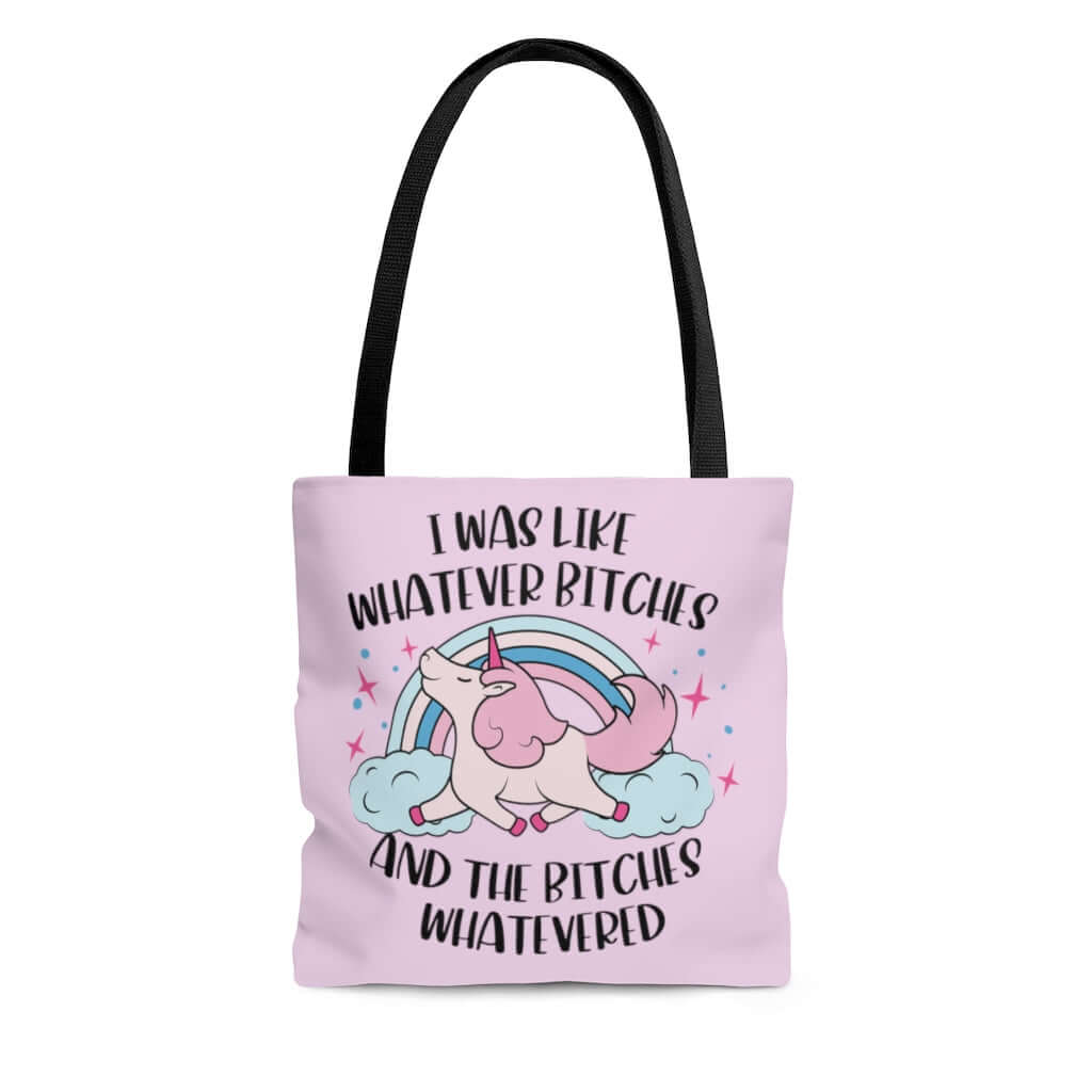 pink tote bag that has Whatever bitches unicorn graphic