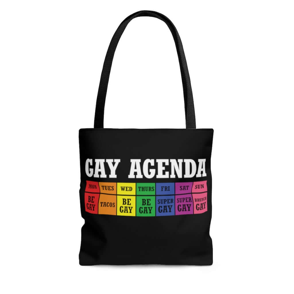 black tote bag with rainbow gay agenda weekly calendar graphic
