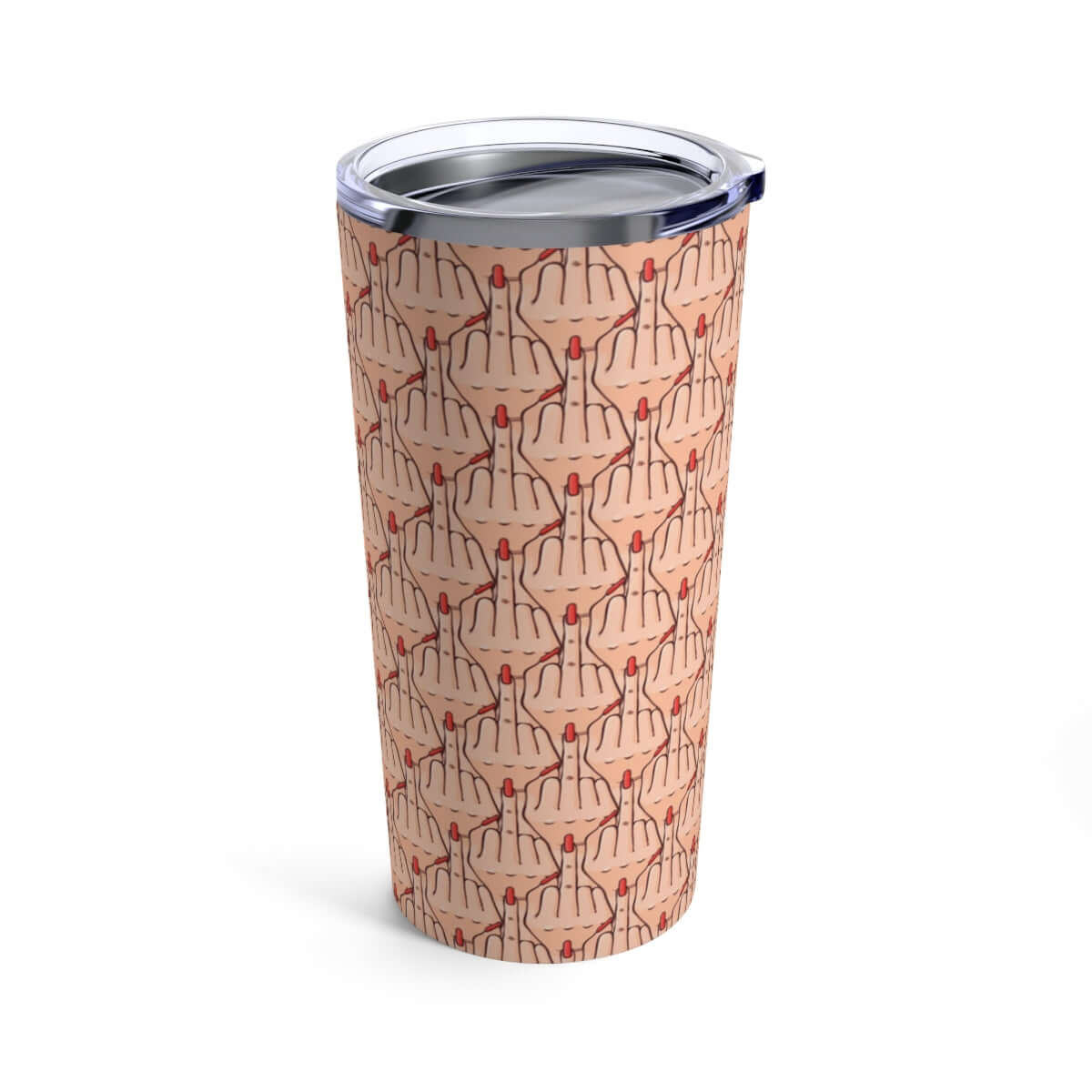 Stainless steel double wall tumbler with clear lid. Tumbler has graphic of Caucasian womans hand flipping the middle finger. The finger has a long red fingernail. The graphic is overlapping and printed all over.