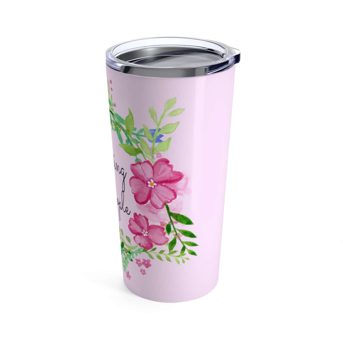 Double wall stainless steel tumbler with clear lid. Tumbler is light pink with pink and green floral wreath image and the words I fucking hate people printed on it.