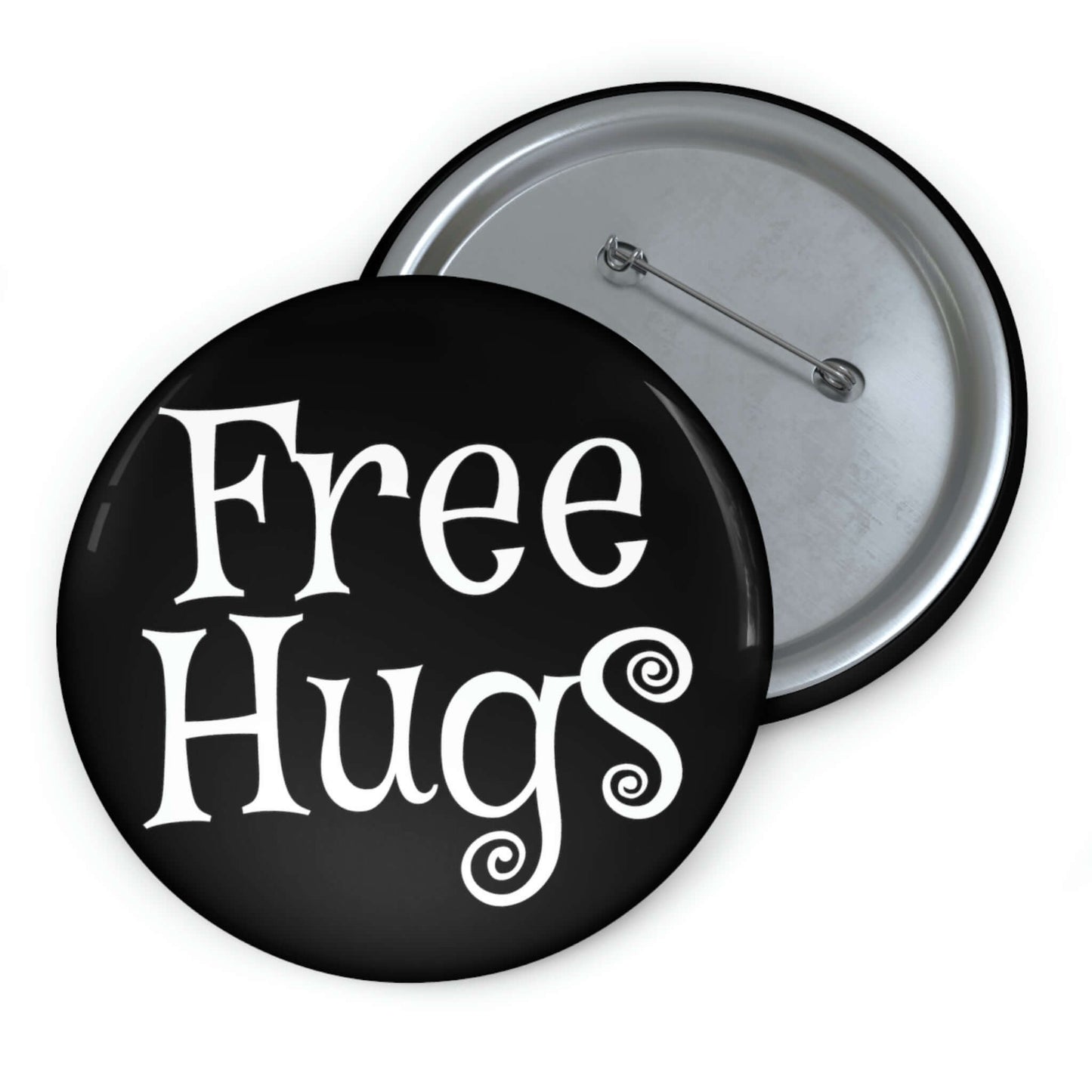 Pinback button that says Free Hugs.
