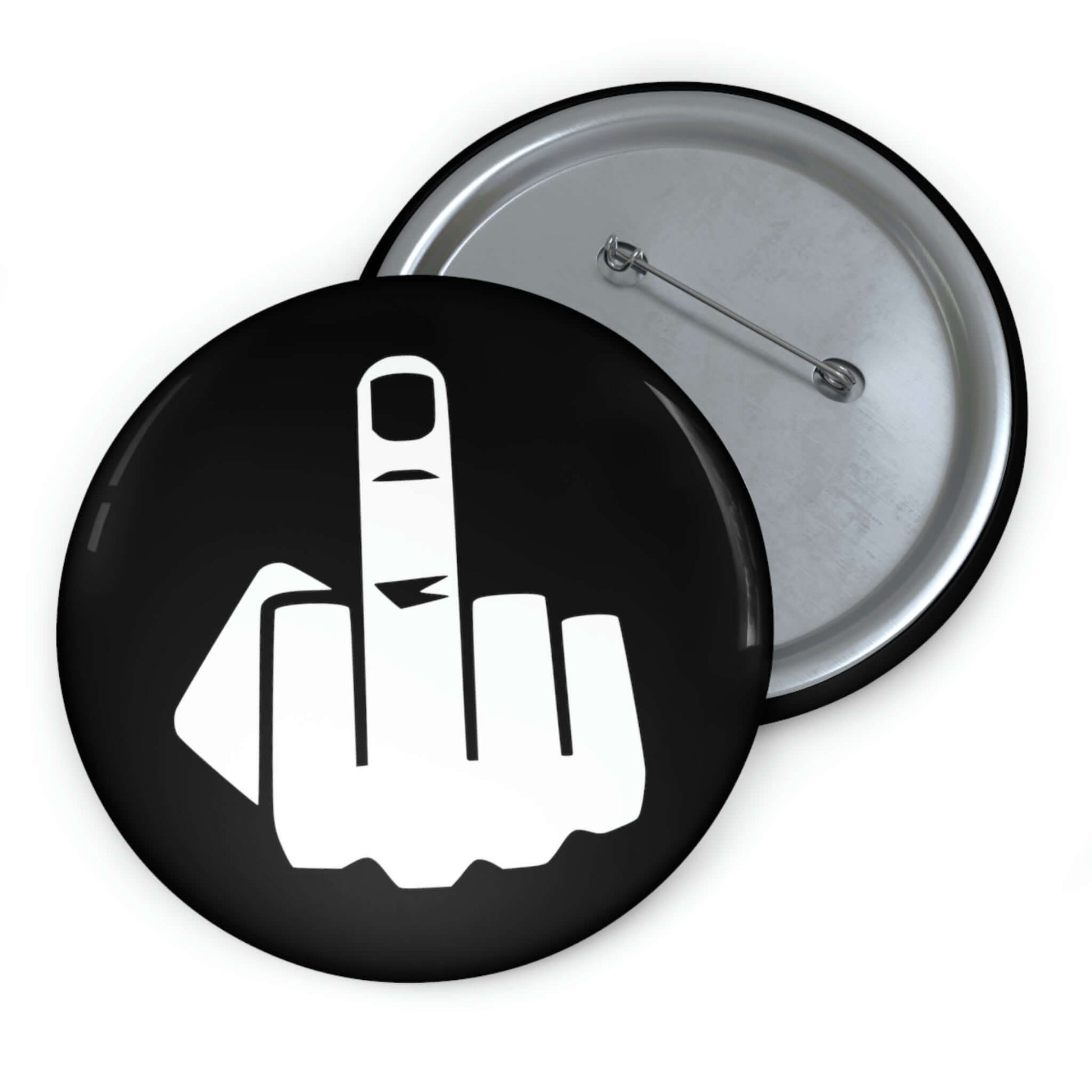 Pinback button with silhouette of middle finger.