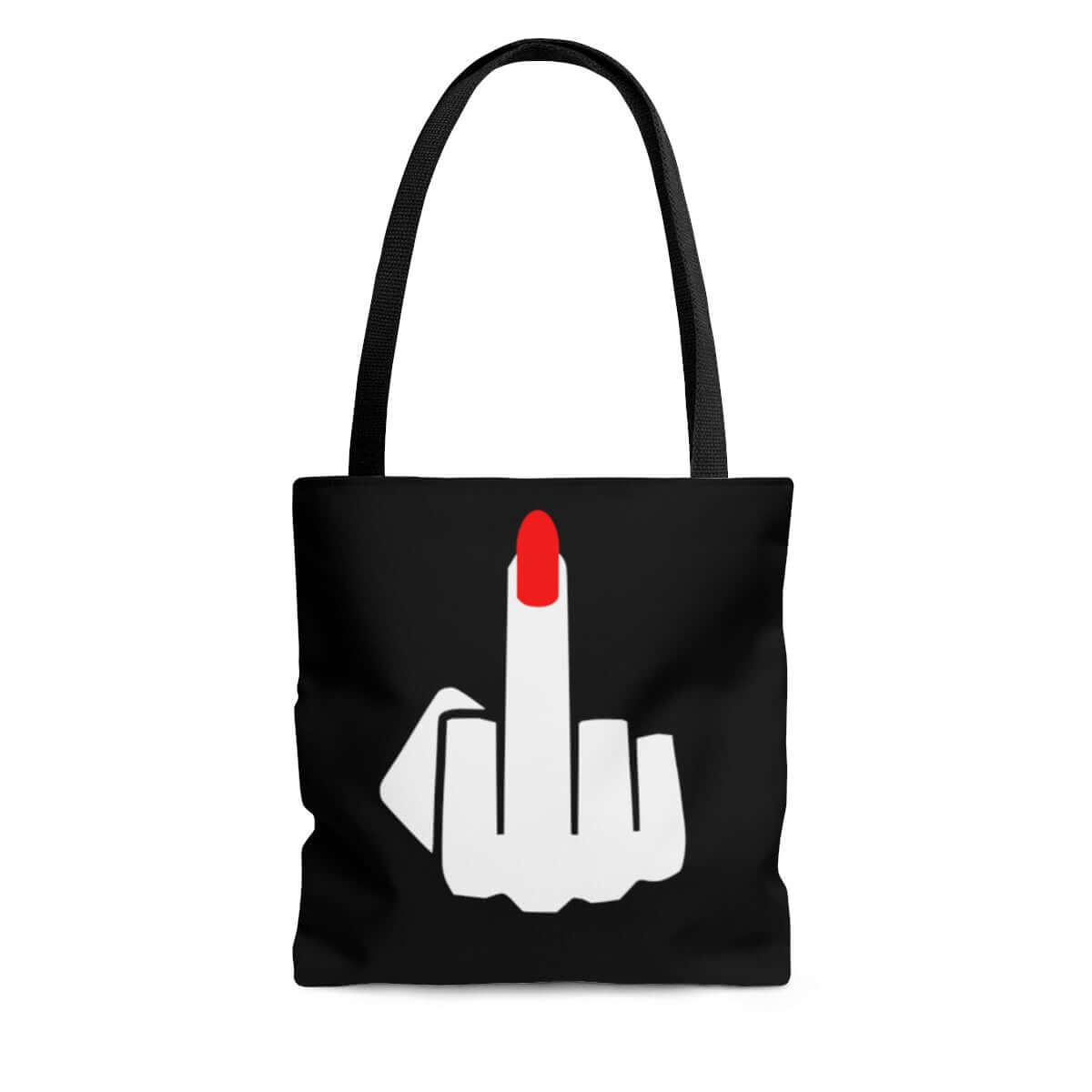 black tote bag with ladies middle finger graphic
