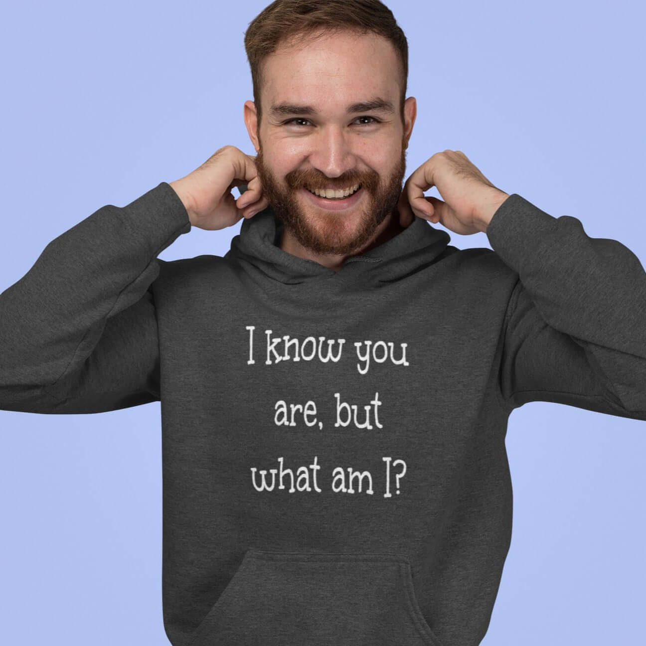 Man wearing dark heather grey hoodie sweatshirt with the childish phrase I know you are but what am I with a question mark printed on the front.