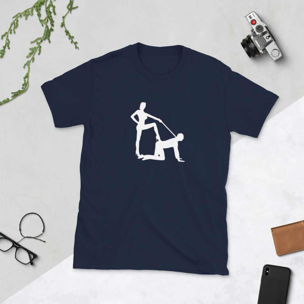 Navy blue t-shirt with the image of a silhouette of a man on his hands and knees and a dominatrix holding his leash printed on the front.