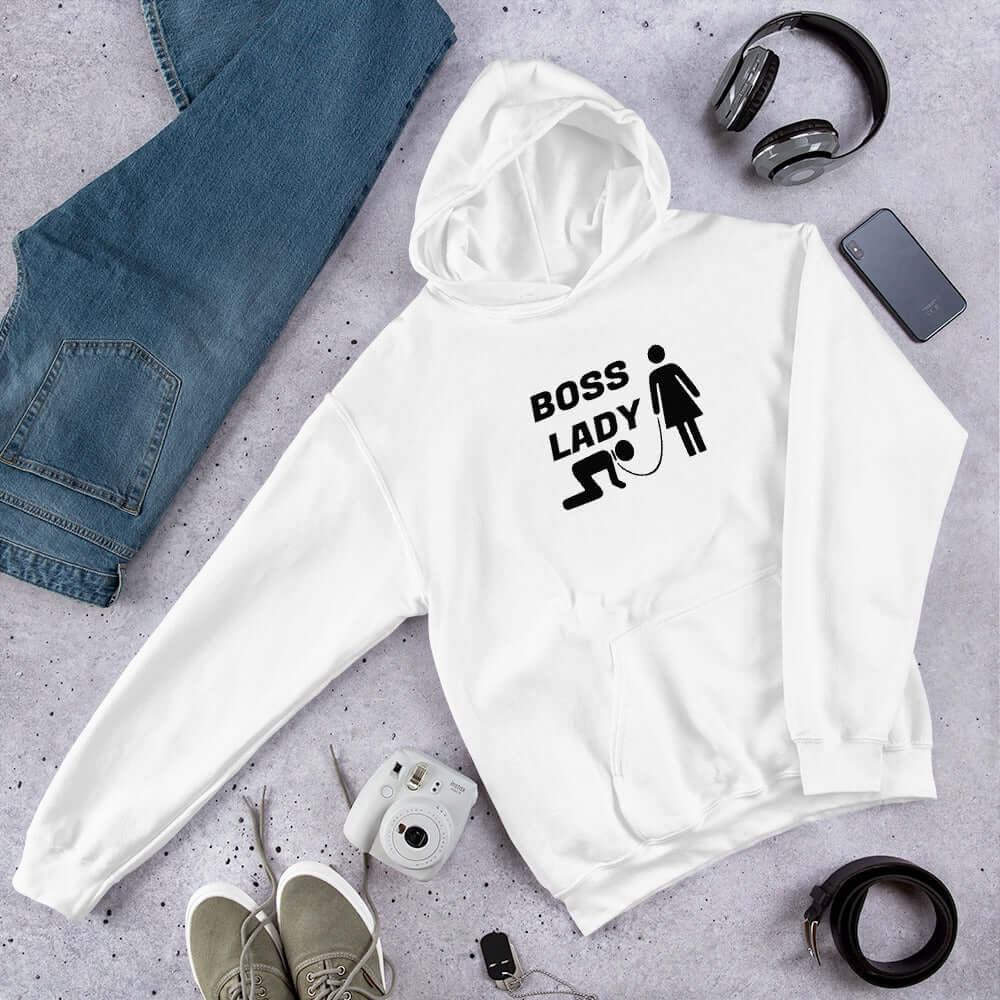 White hoodie sweatshirt with graphic of collared and leashed man on his hands and knees being led by a woman and the words Boss lady printed on the front.