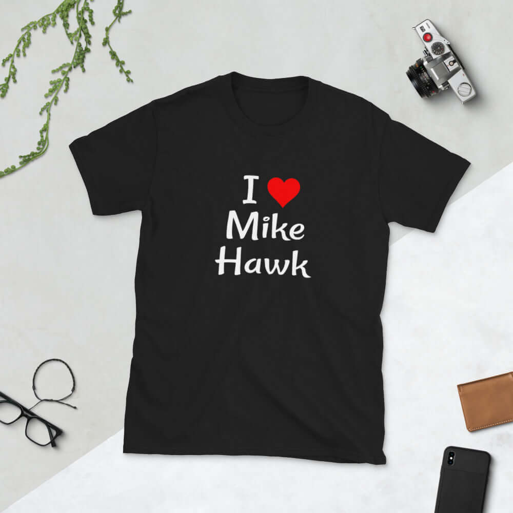 Black t-shirt with the pun I heart Mike Hawk printed on the front.