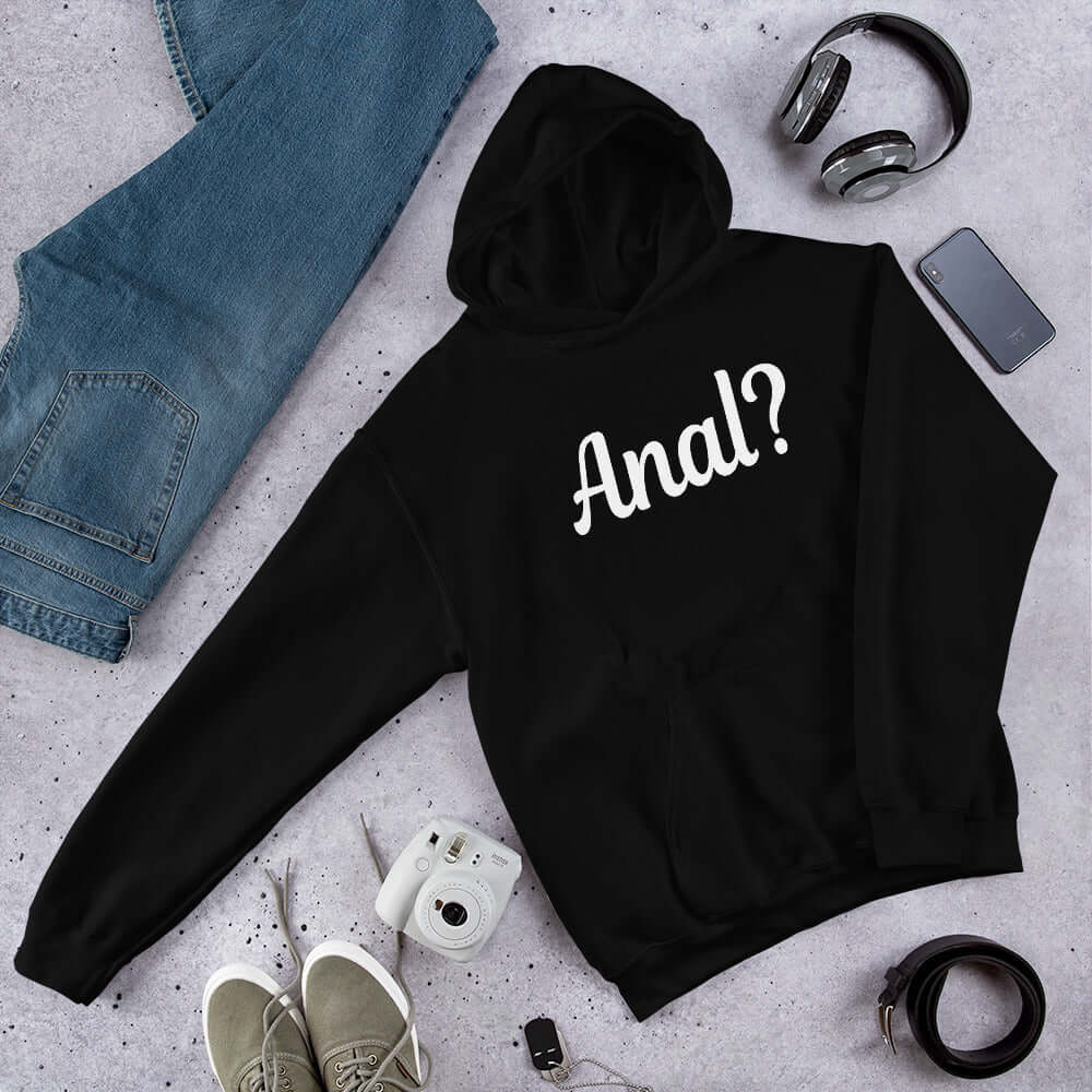 black hoodie hooded sweatshirt that says anal ? on it