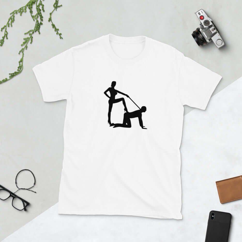 White t-shirt with the image of a silhouette of a man on his hands and knees and a dominatrix holding his leash printed on the front.