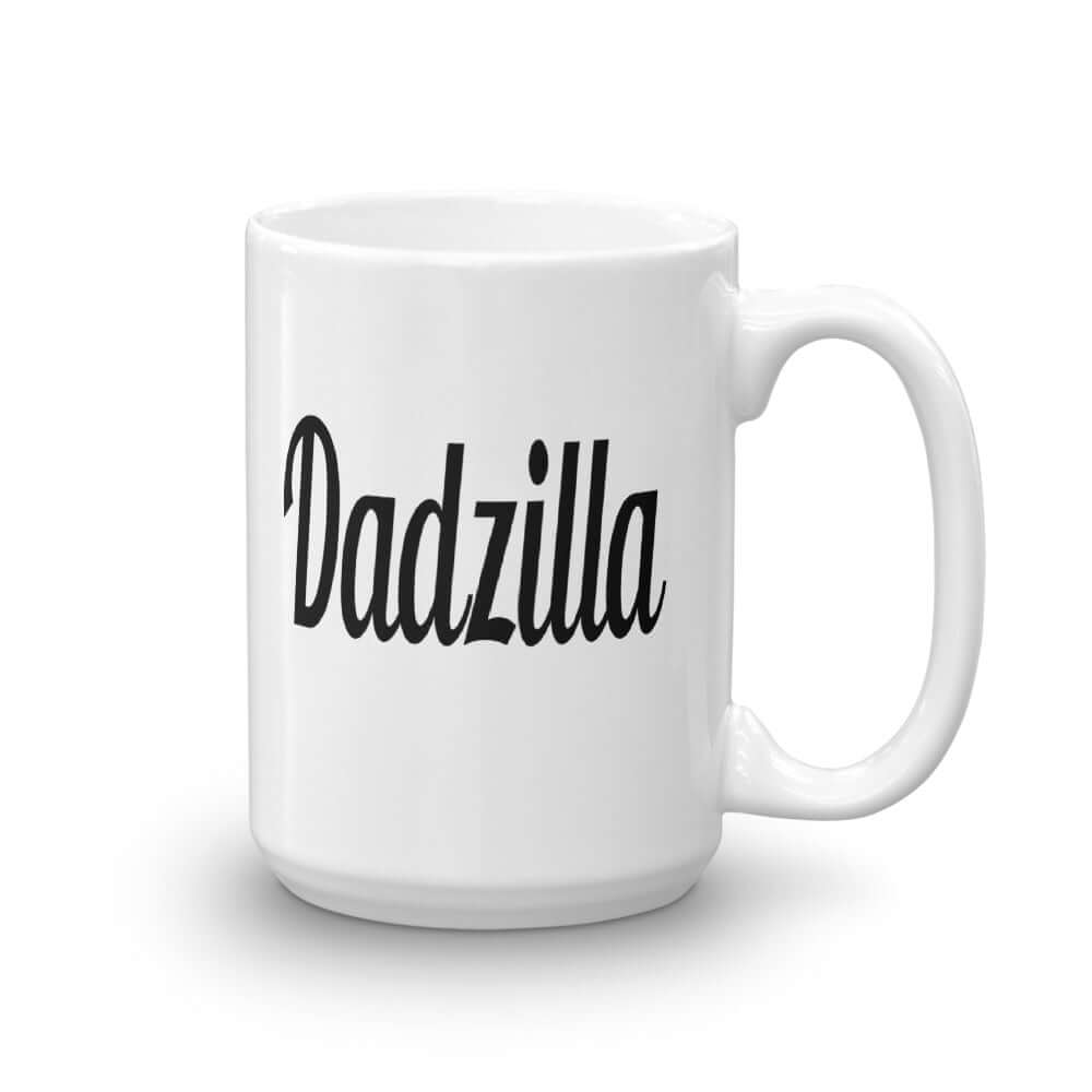 White ceramic coffee mug with the word Dadzilla printed on both sides of the mug.