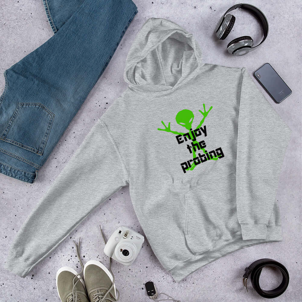 Light sport grey hoodie sweatshirt with an image of an alien and the funny phrase Enjoy the probing printed on the front.