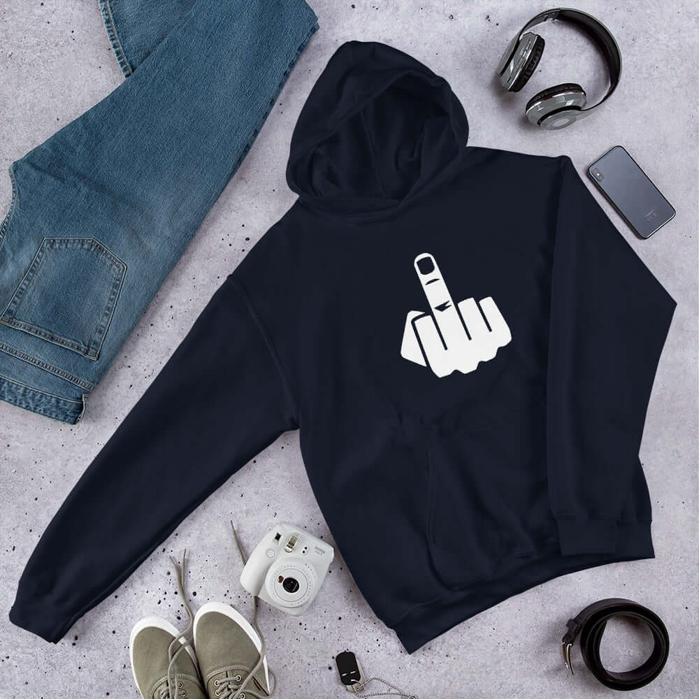 Navy blue hoodie sweatshirt with an image of middle finger silhouette printed on the front.