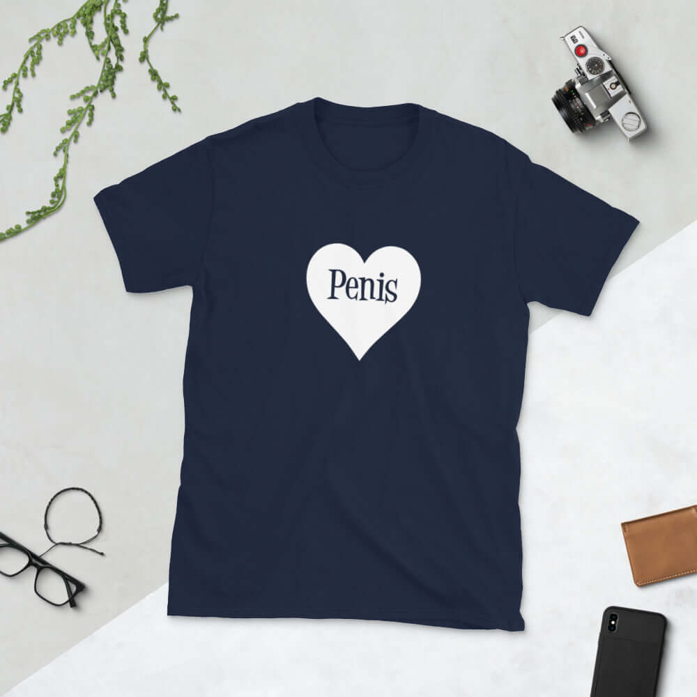 Navy blue t-shirt with a heart image printed on the front. The word penis is inside the heart