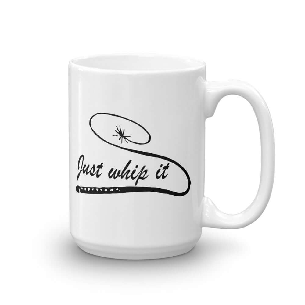 White ceramic coffee mug with a line drawing image of a leather bullwhip and the words Just whip it printed on both sides.