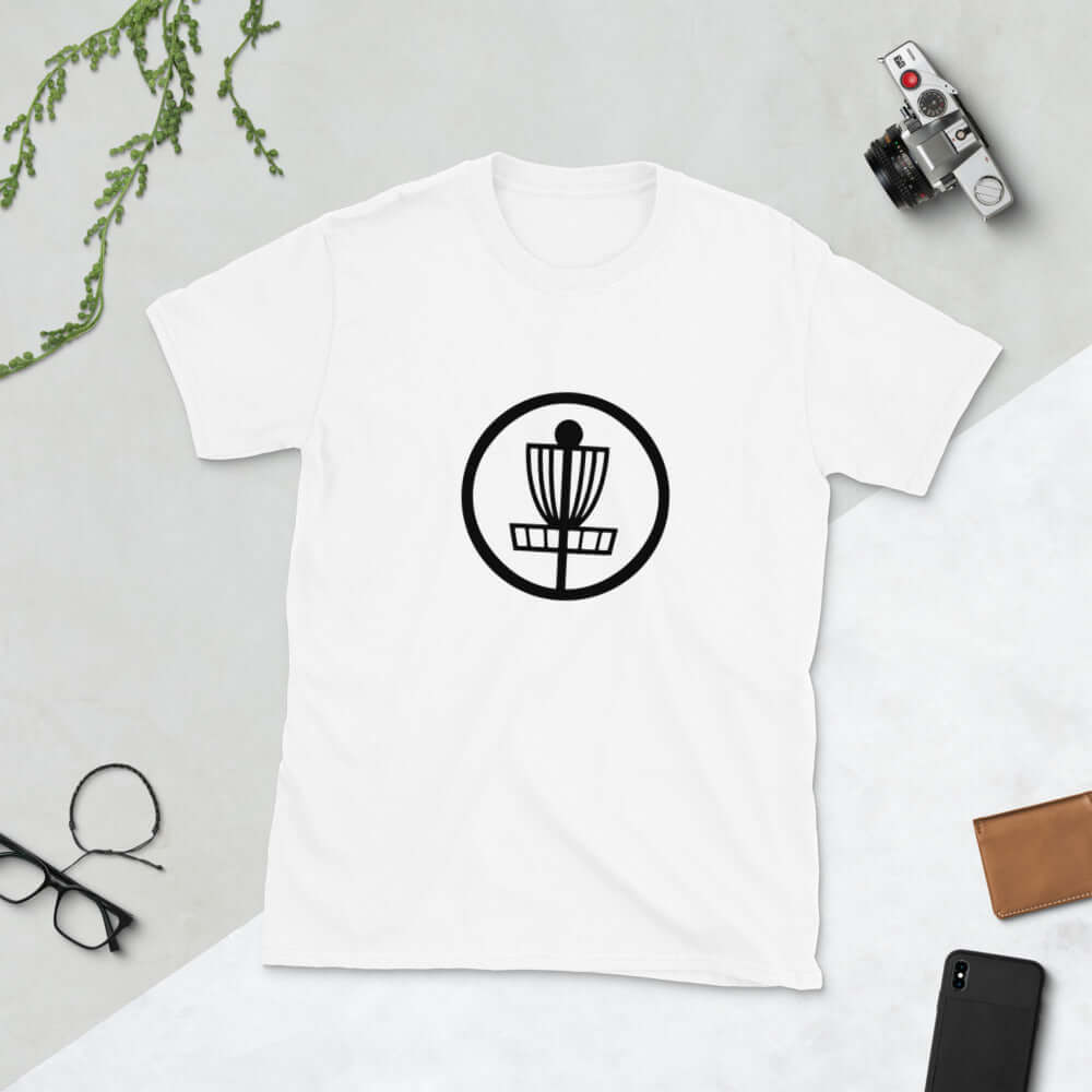 White t-shirt with an image of disc golf basket silhouette with a circle around it printed on the front.