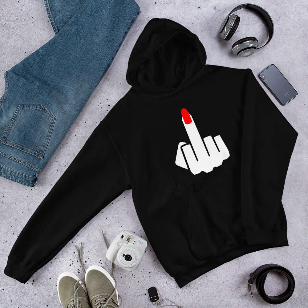 Black hoodie sweatshirt with an image of a middle finger with long red fingernail silhouette printed on the front.