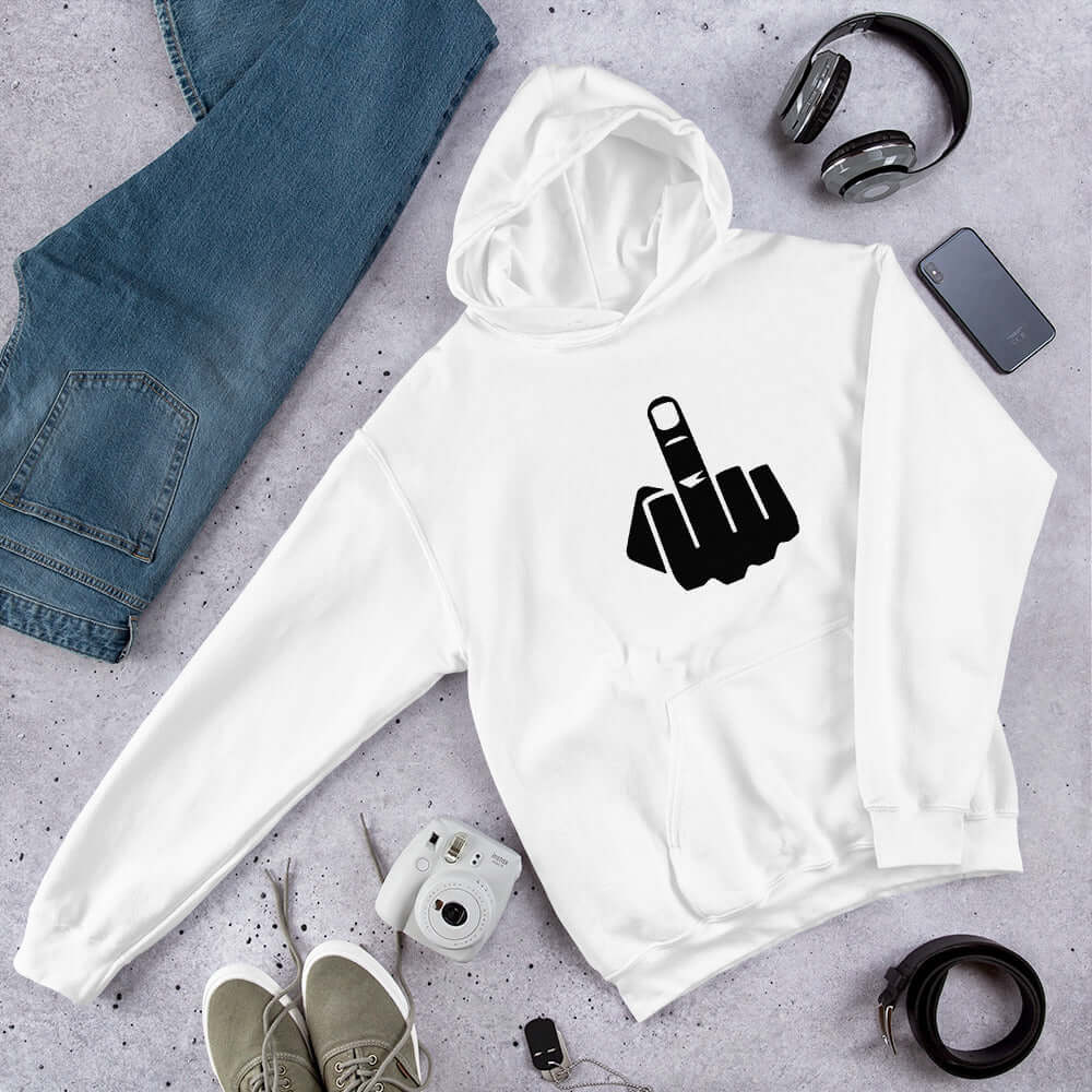 White hoodie sweatshirt with an image of middle finger silhouette printed on the front.