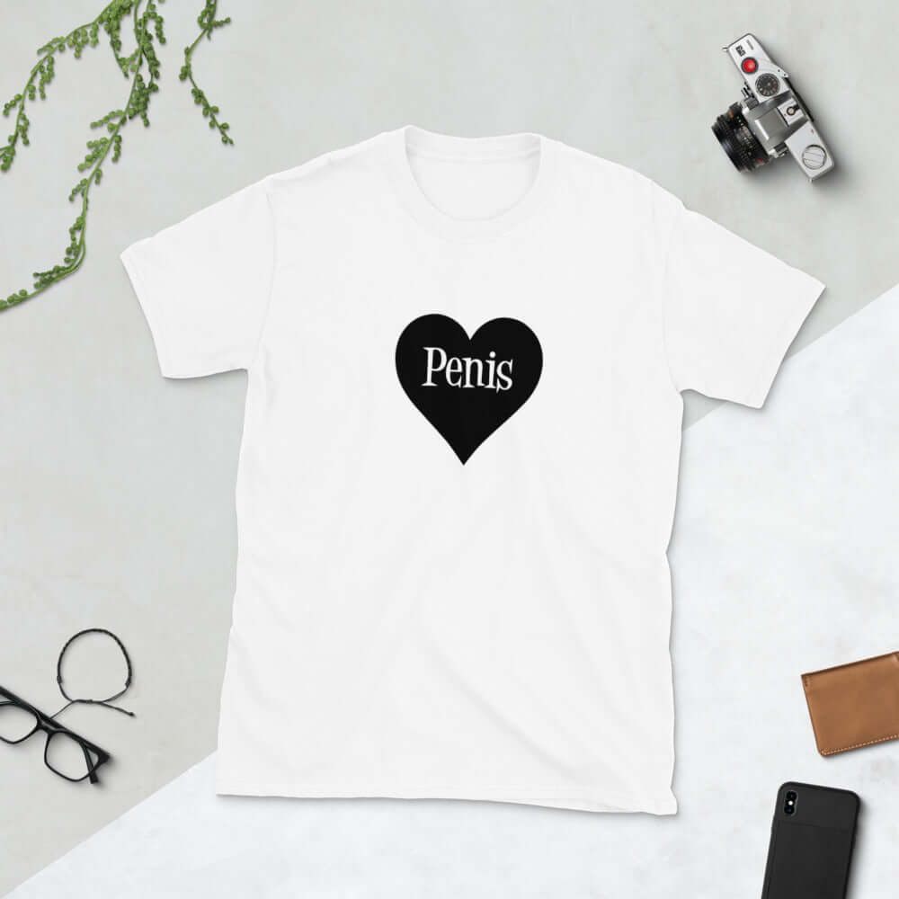 White t-shirt with a heart image printed on the front. The word penis is inside the heart