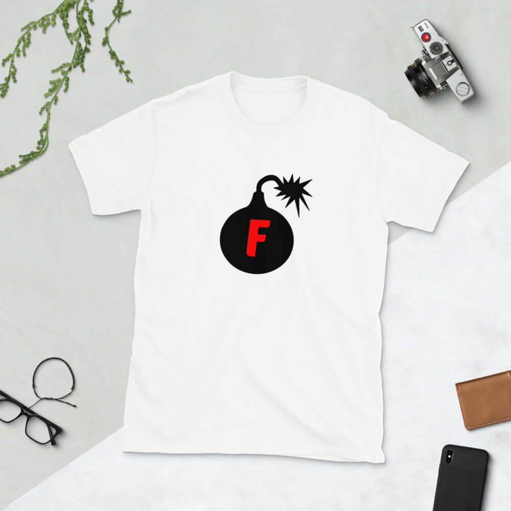 White t-shirt with an image of a bomb with the letter F printed in the center. The graphics are printed on the front of the shirt.