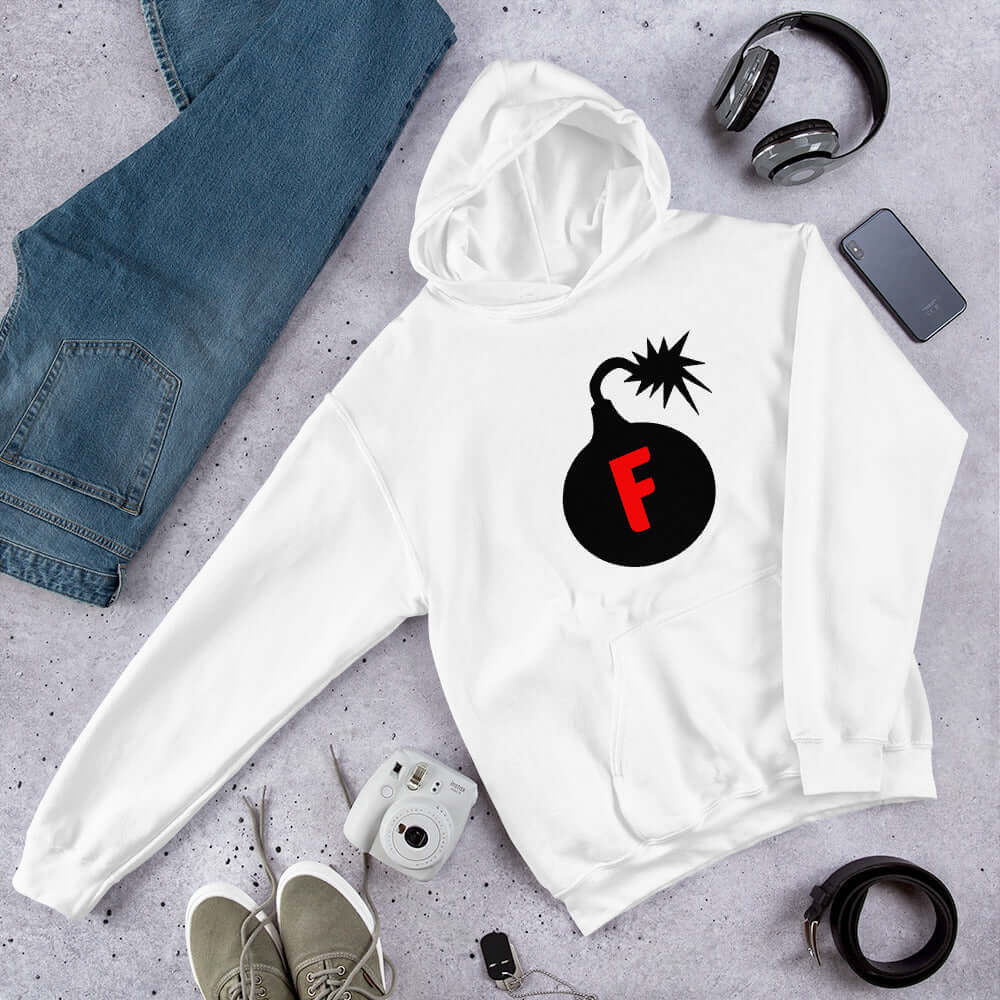 White hoodie sweatshirt with an image of a bomb & the letter F printed in the center. The graphics are printed on the front of the hoodie.