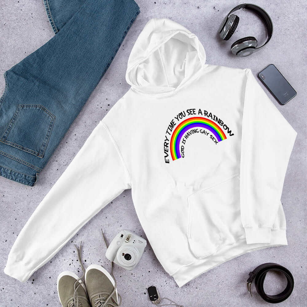 Gay sex rainbow religious humor unisex hoodie
