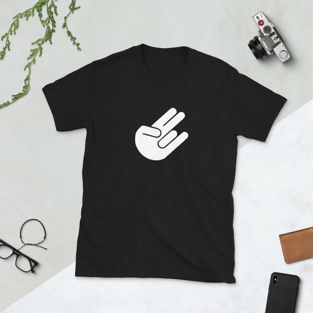 Black t-shirt with the universal symbol for The Shocker printed on the front.