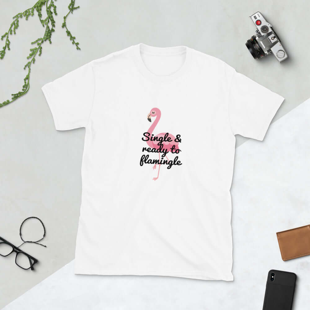 White t-shirt with image of a flamingo and the words Single and ready to flamingle printed on the front.