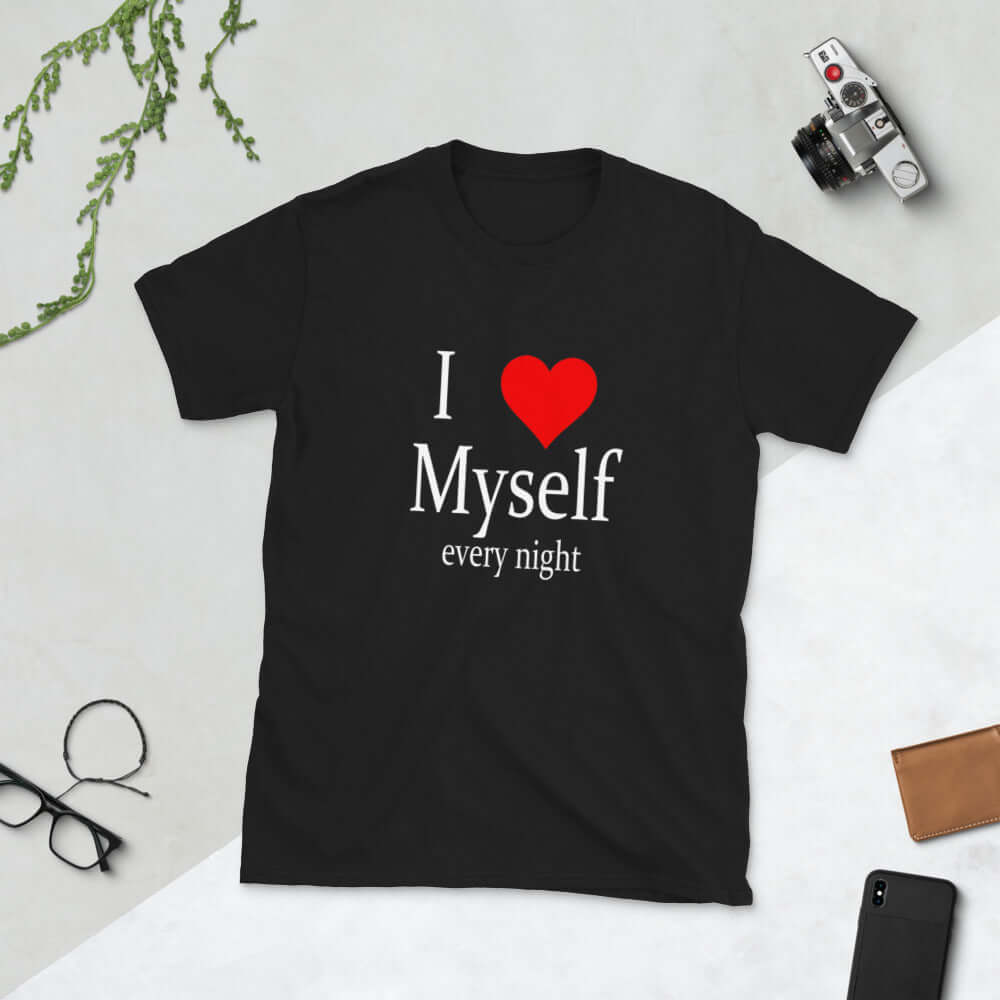 Black t-shirt with the phrase I heart myself every night printed on the front.