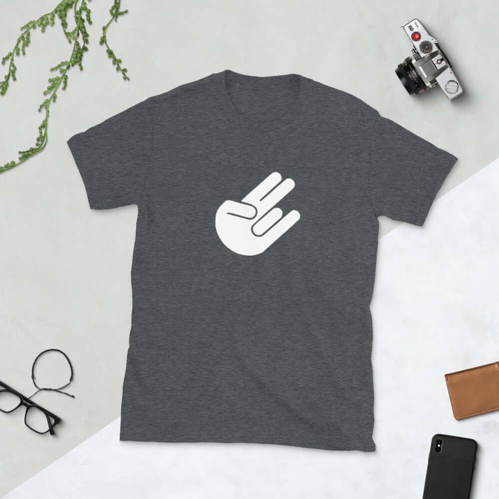 Dark heather grey t-shirt with the universal symbol for The Shocker printed on the front.