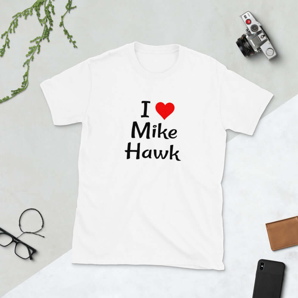 White t-shirt with the pun I heart Mike Hawk printed on the front.