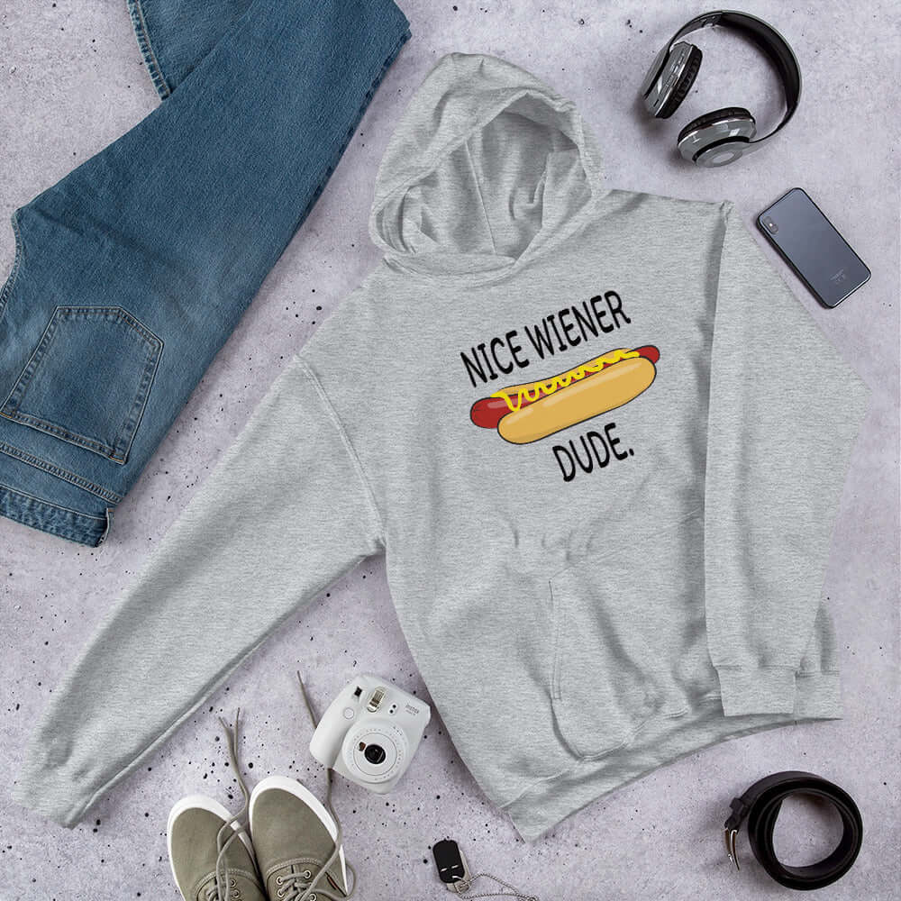 Light grey hoodie sweatshirt with an image of a hotdog and the phrase Nice wiener dude printed on the front.