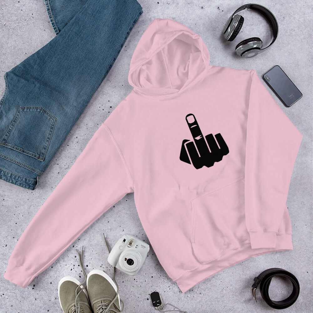 Light pink hoodie sweatshirt with an image of middle finger silhouette printed on the front.