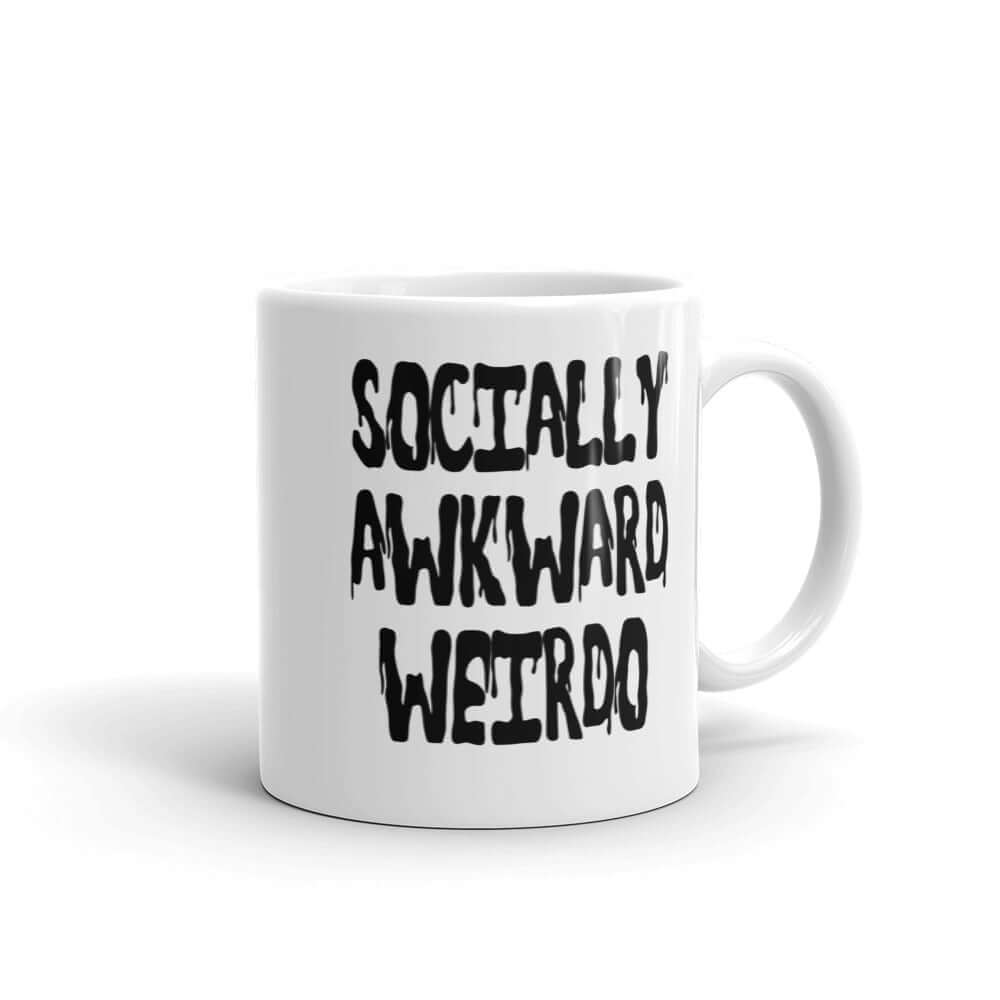 White ceramic coffee mug with the words socially awkward weirdo printed on both sides.