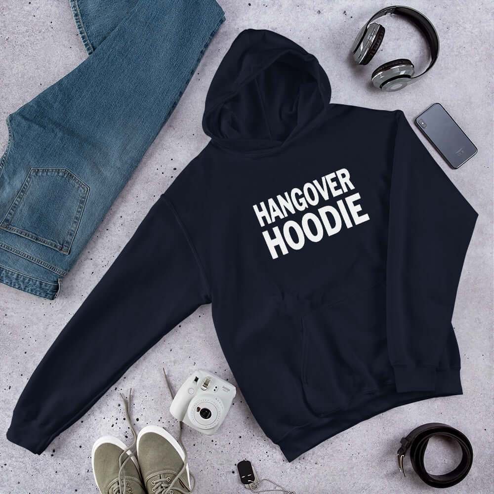 Navy blue hoodie sweatshirt with the words Hangover hoodie printed on the front.