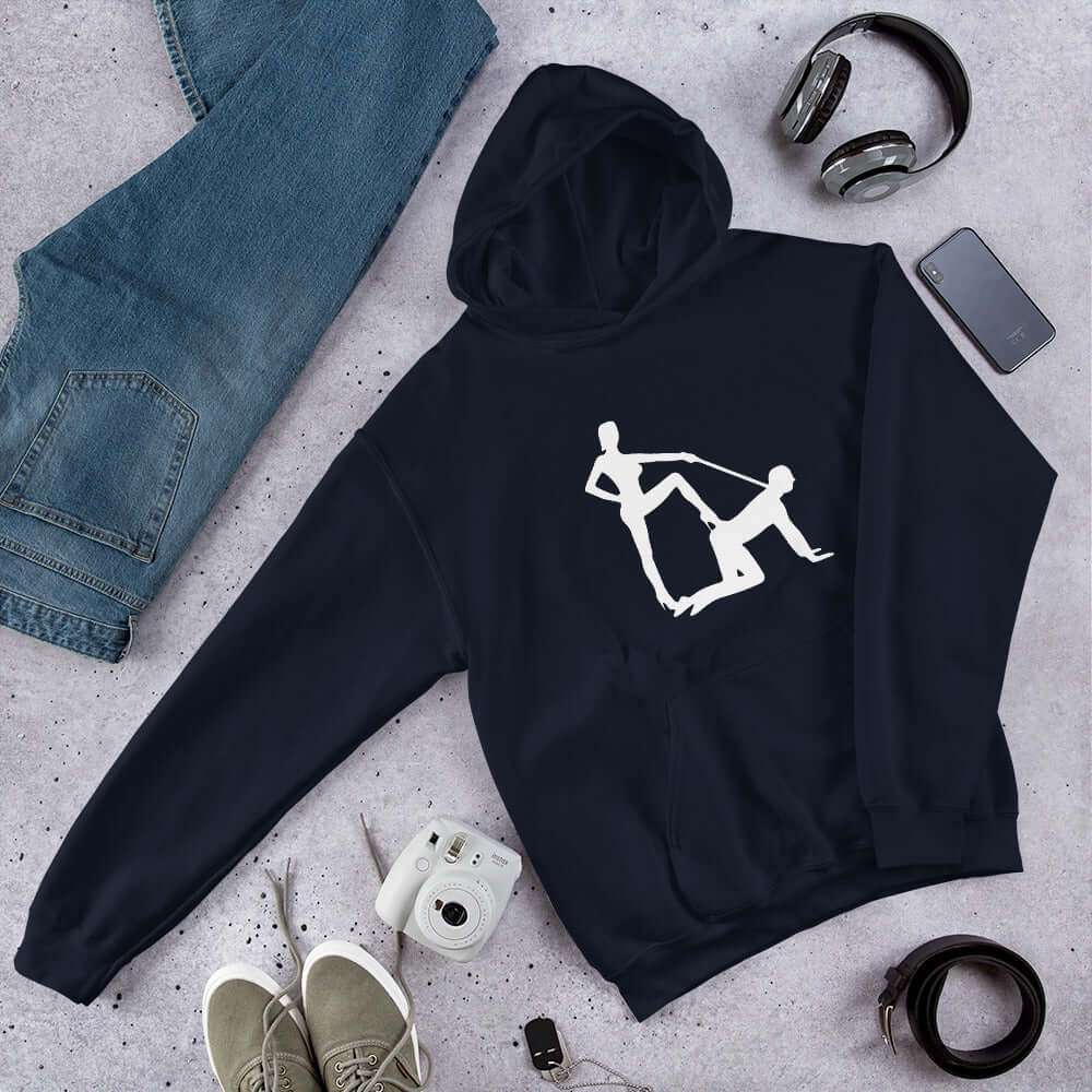 Navy blue hooded sweatshirt with silhouette image of a man on his hands and knees and a dominatrix holding his leash printed on the front.