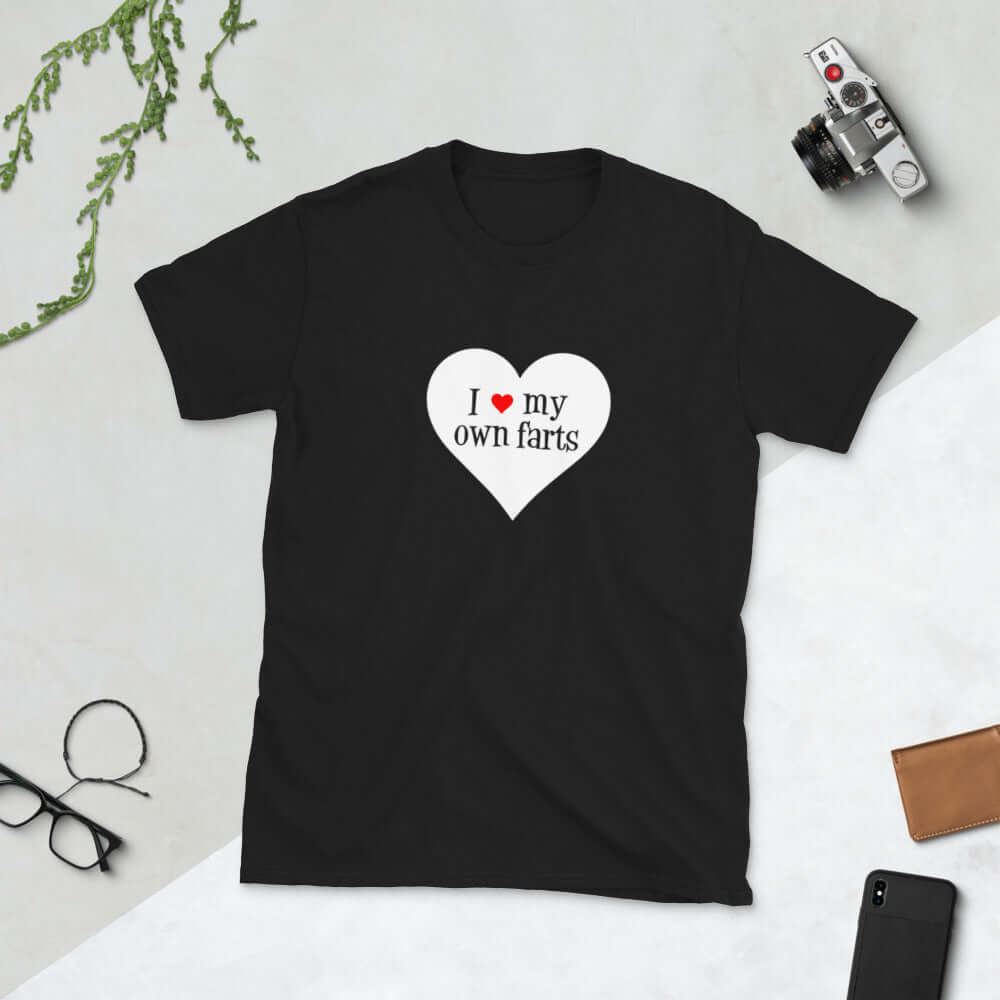 Black t-shirt with I heart my own farts printed on the front. The words are printed inside of a larger heart image.