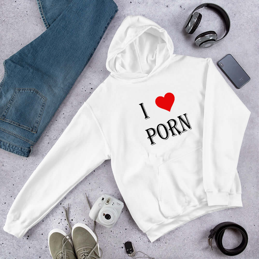 White hoodie sweatshirt with the phrase I heart porn printed on the front. The heart is red.