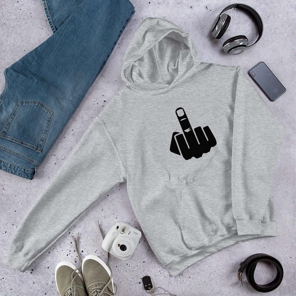 Light grey hoodie sweatshirt with an image of middle finger silhouette printed on the front.