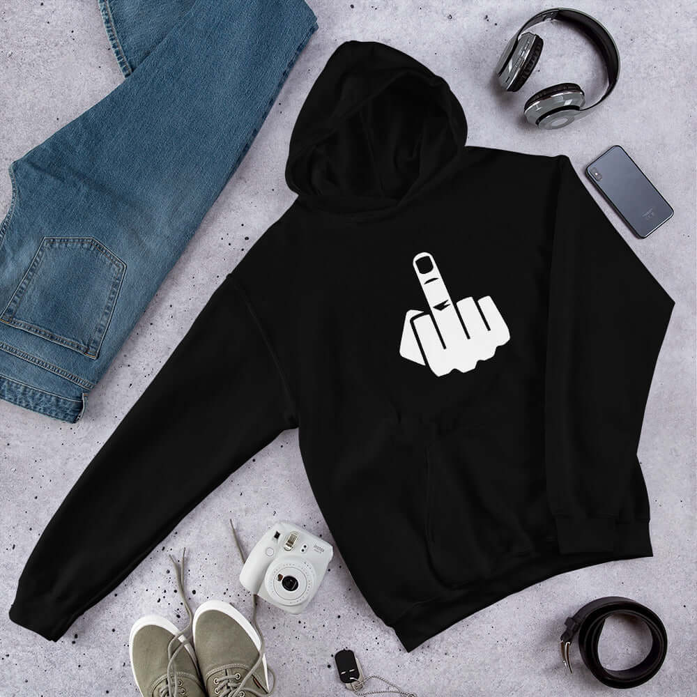 Black hoodie sweatshirt with an image of middle finger silhouette printed on the front.