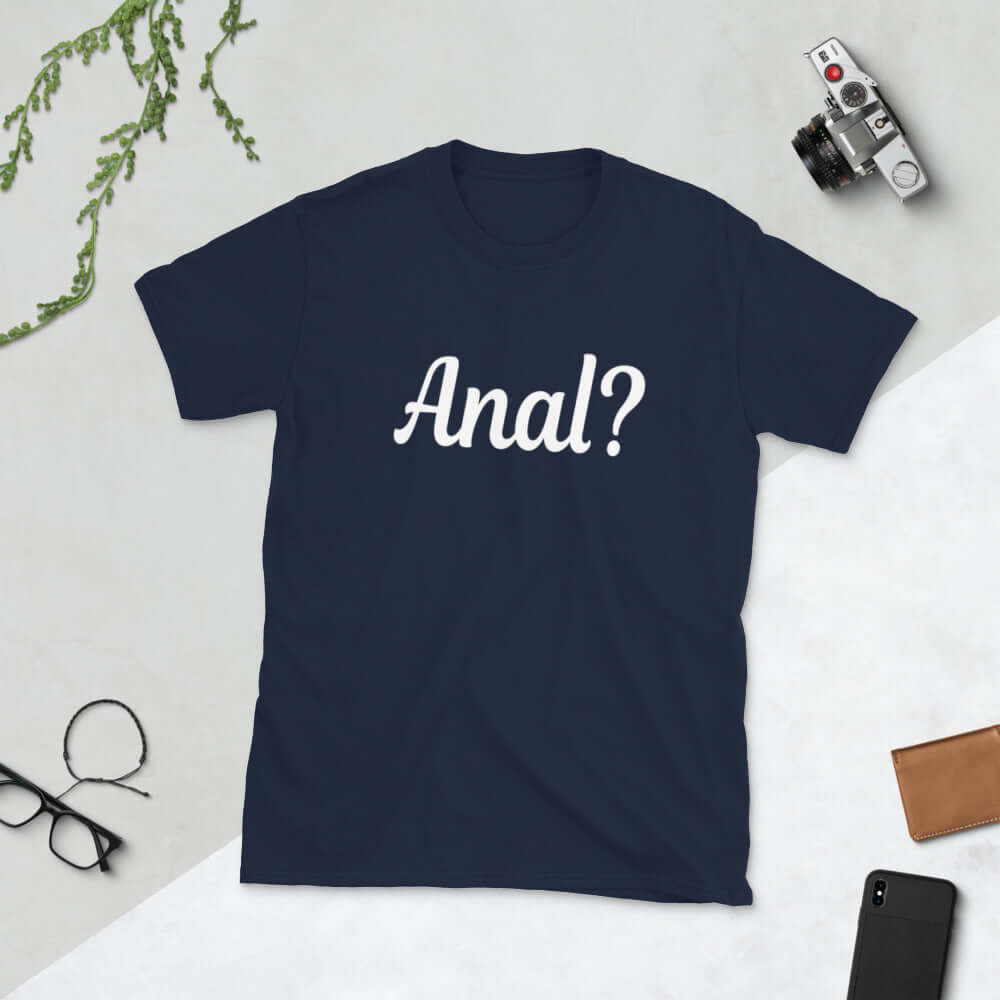 navy t-shirt that says Anal with a question mark